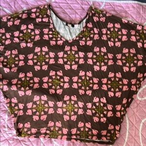 Relaxed Brown Floral Print Dolman Tunic with Pink Accents
